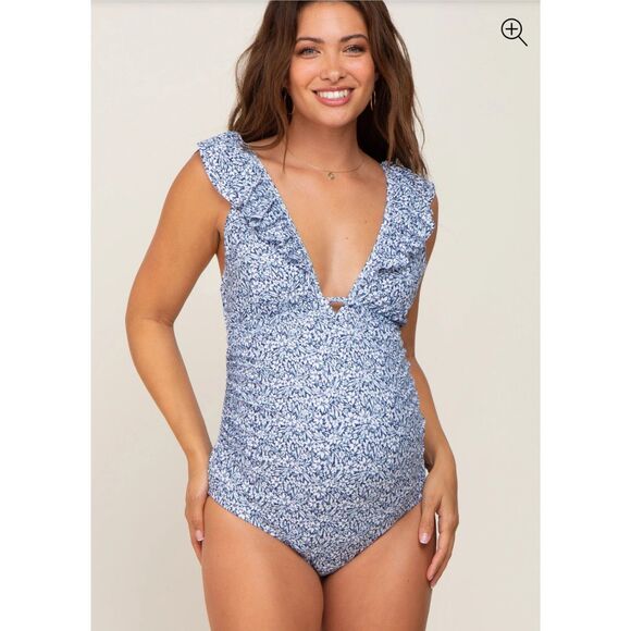 Pinkblush Other - PinkBlush Blue Floral Ruffle Maternity One-Piece Swimsuit – Size M  – NWT